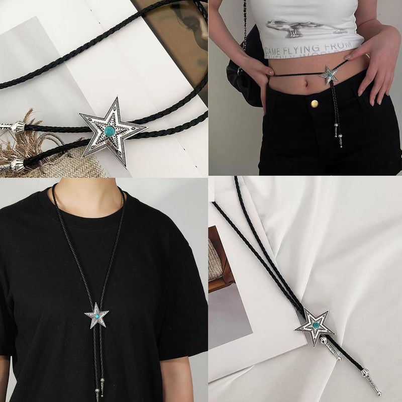 UTOWO Men's Western-Bolo-Tie Blue-Turquoise Concho-Bolo-Tie American-Cowboy-Tie Adjustable Leather Rope 39" for Unisex One Size - Image 3